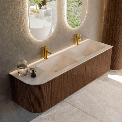 MONDIAZ KURVE-DLUX Meuble de salle de bains 155cm arrondi à gauche couleur Walnut avec 2 tiroirs et 1 porte. Vasque LEAF Double / à droite 2 trous de robinet Meli.