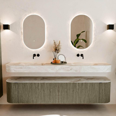 MONDIAZ THOR-DLUX 200cm meuble de salle de bains arrondi gauche + droite couleur Shadow avec 2 tiroirs et 2 portes. Vasque suspendue CLOUD Double sans trou de robinet couleur Frappe.