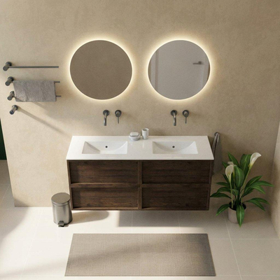 Saniclass Holz Frame Ensemble meuble de salle de bains - 140x45x62cm - lavabo Vygo en céramique blanc - 2 vasques - sans trous de robinetterie - 4 tiroirs - chêne charcoal brillant (bois)