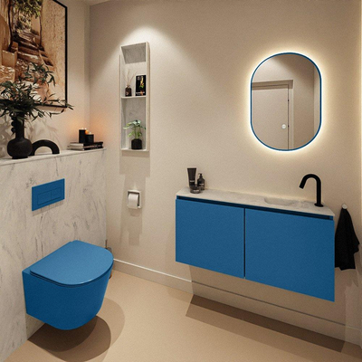 MONDIAZ TURE-DLUX Meuble toilette - 100cm - Jeans - EDEN - vasque Opalo - position droite - 1 trou de robinet