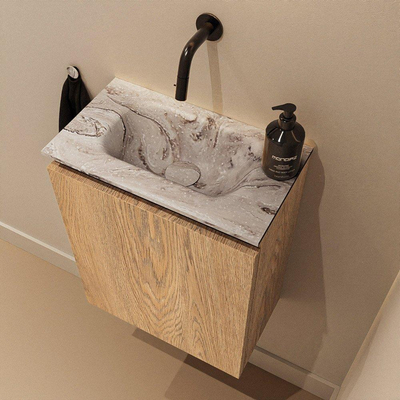 MONDIAZ TURE-DLUX meuble WC 40 cm Washed Oak. Lavabo EDEN Glace position milieu. Sans trou de robinet.
