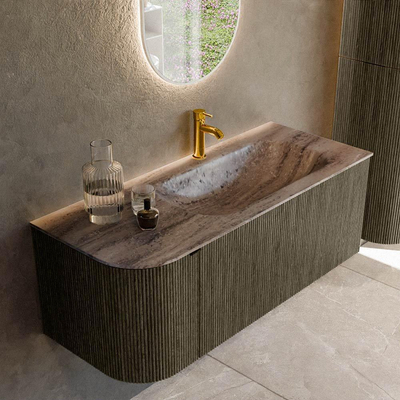 MONDIAZ KURVE-DLUX Meuble de salle de bains 115cm arrondi à gauche couleur Shadow avec 1 tiroir et 1 porte. Lavabo BIG SMALL à droite 1 trou de robinet Oza.