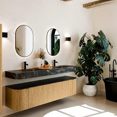 MONDIAZ THOR-DLUX 180cm meuble de salle de bains arrondi gauche + droite couleur Oak avec 2 tiroirs et 2 portes. Vasque suspendue CLOUD Double 2 trous de robinet couleur Lava.