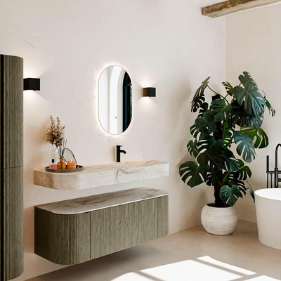 MONDIAZ THOR-DLUX 130cm meuble de salle de bains arrondi gauche + droite couleur Shadow avec 1 tiroir et 2 portes. Vasque suspendue CLOUD Droite 1 trou de robinet couleur Frappe.