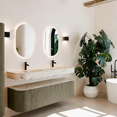 MONDIAZ THOR-DLUX 160cm badmeubel ronding links + rechts kleur Shadow met 1 lade en 2 deuren. Vrijhangende wastafel CLOUD Dubbel 2 kraangaten kleur Nata.