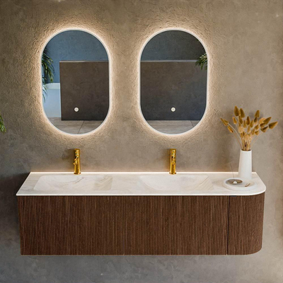 MONDIAZ KURVE-DLUX 155cm badmeubel met module 25 R kleur Walnut met 2 lades en 1 deur. Wastafel LEAF dubbel / links 2 kraangaten kleur Ostra.