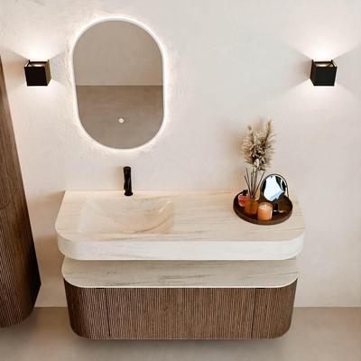 MONDIAZ THOR-DLUX 130cm meuble de salle de bains arrondi gauche + droite couleur Walnut avec 1 tiroir et 2 portes. Vasque suspendue CLOUD Gauche 1 trou de robinet couleur Meli.