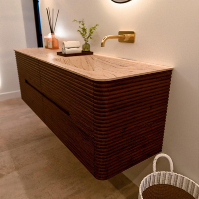 Mondiaz CIRO-DLUX Meuble de salle de bains - 150x45x50cm - Plan vasque en solid surface Arena - 1 vasque à droite - sans trous de robinet - 4 tiroirs - Ruby