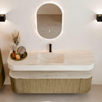 MONDIAZ THOR-DLUX 160cm meuble de salle de bains arrondi gauche + droite couleur Dusk avec 1 tiroir et 2 portes. Vasque suspendue CLOUD Milieu 1 trou de robinet couleur Meli.