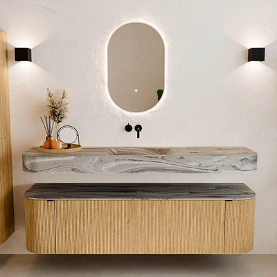 MONDIAZ THOR-DLUX 170cm badmeubel ronding links + rechts kleur Oak met 1 lade en 2 deuren. Vrijhangende wastafel CLOUD Midden zonder kraangat kleur Sombra.