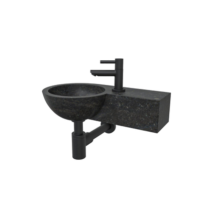 Wiesbaden B-stone fonteinset – rond – 40x23x10 cm – hardsteen zwart – kraangat rechts – mat zwarte kraan
