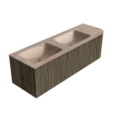 MONDIAZ KURVE-DLUX meuble de salle de bains 145cm arrondi à droite couleur Shadow avec 1 tiroir et 1 porte. Lavabo LEAF double / gauche 2 trous de robinet Saba.