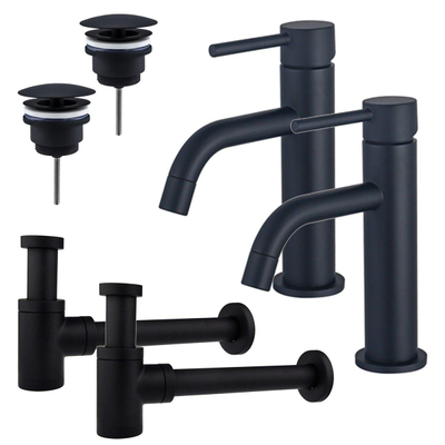 FortiFura Calvi Kit robinet lavabo - pour double vasque - robinet bas - bonde non-obturable - siphon design bas - Noir mat
