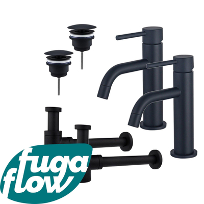 FugaFlow Eccelente Sobrado Slim Kit robinet lavabo - pour double vasque - robinet bas - bonde non-obturable - siphon design bas - Noir mat