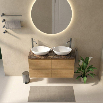 Saniclass Holz Pure Ensemble de meubles de salle de bains - 120x45x63cm - Plan de travail Noche en pierre naturelle dark emperador - 2 trous de robinetterie - 4 tiroirs - chêne natural mat (bois)