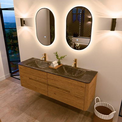 Mondiaz CIRO-DLUX Meuble de salle de bains - 150x45x50cm - Vasque en solid surface Lava - 2 vasques double - 2 trous de robinet - 4 tiroirs - Chêne