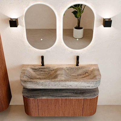 MONDIAZ THOR-DLUX 120cm meuble de salle de bains arrondi gauche + droite couleur Ruby avec 1 tiroir et 2 portes. Vasque suspendue CLOUD Double 2 trous de robinet couleur Oza.