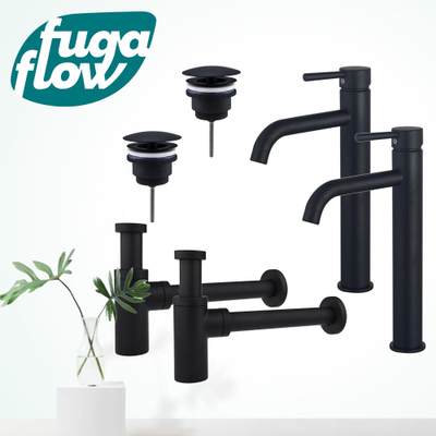 FugaFlow Eccelente Sobrado Kit robinet lavabo - pour double vasque - robinet rehaussé - bonde non-obturable - siphon design - Noir mat