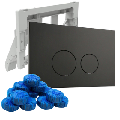 FugaFlow Eccelente Plaque de commande Press avec porte-bloqueur de toilettes - pour réservoir encastré Geberit UP320 - double chasse - boutons ronds - plastique - incluant 12 bloqueurs de toilettes mats noirs