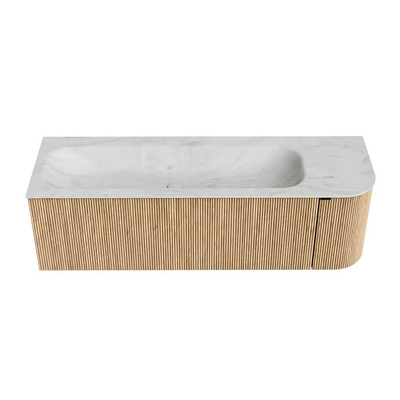 MONDIAZ KURVE-DLUX meuble de salle de bains 145 cm avec module 25 R couleur Oak avec 1 tiroir et 1 porte. Lavabo BIG LARGE gauche 1 trou de robinet couleur Opalo.
