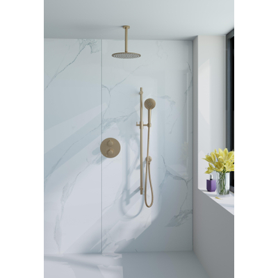 Fortifura Calvi Inbouw Regendoucheset - rond - thermostatisch - plafondarm - glijstang - 25cm - hoofddouche - ronde handdouche - PVD - geborsteld messing (goud)