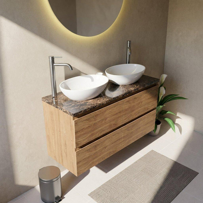 Saniclass Holz Pure Ensemble de meubles de salle de bains - 120x45x63cm - Plan de travail Noche en pierre naturelle dark emperador - 2 trous de robinetterie - 4 tiroirs - chêne natural mat (bois)