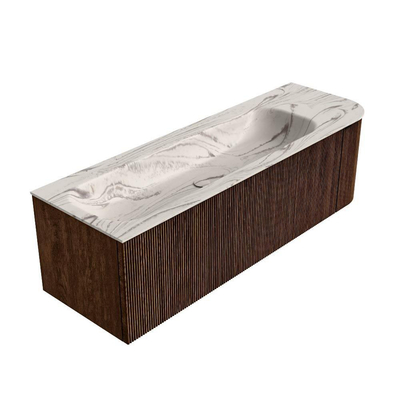 MONDIAZ KURVE-DLUX 145cm badmeubel ronding Rechts kleur Walnut met 1 lade en 1 deur. Wastafel BIG LARGE Links 1 kraangat Nata.