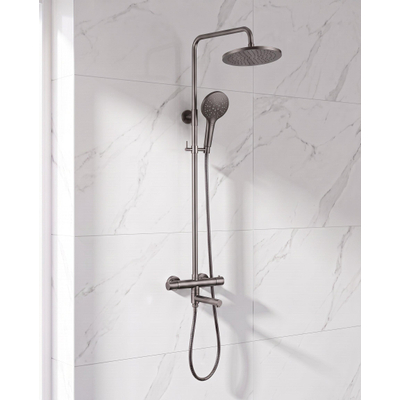 Fortifura Calvi Regendoucheset - thermostatisch - 25cm hoofddouche - metalen slang - ronde handdouche - draaibare baduitloop - Geborsteld Gunmetal PVD