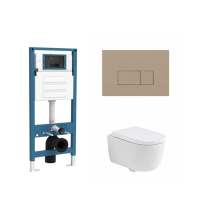 QeramiQ Dely Swirl Ensemble de toilette - réservoir encastré QeramiQ Flush - abattant 35mm - plaque de commande taupe en plastique - boutons rectangulaires - blanc mat