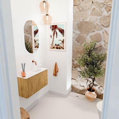 Mondiaz JOYA 70cm toiletmeubel - kleur Oak - Wastafel FAYE positie Rechts Zonder kraangat kleur Talc.