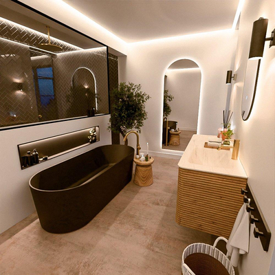 Mondiaz CIRO-DLUX Badkamermeubelset - 130x45x50cm - Solid surface wastafel Meli - 1 wasbak Rechts - 1 kraangat - 4 lades - Oak