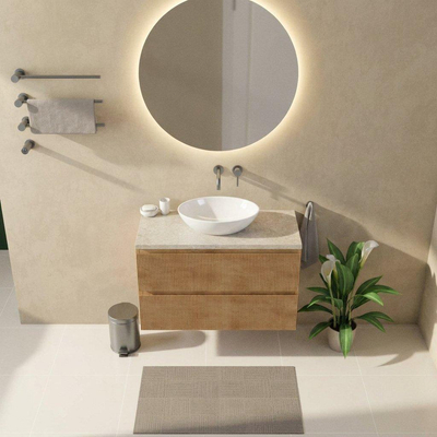 Saniclass Holz Atelier Ensemble de meubles de salle de bains - 100x45x63cm - Plan de travail en pierre naturelle travertin - sans trou de robinet - 2 tiroirs - chêne natural mat (bois)