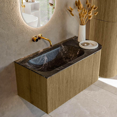 Mondiaz KURVE-DLUX Ensemble de meubles de salle de bains - 95x46x40cm - 1 tiroir - 1 porte - lavabo solid surface - gauche - sans trou de robinet - Dusk