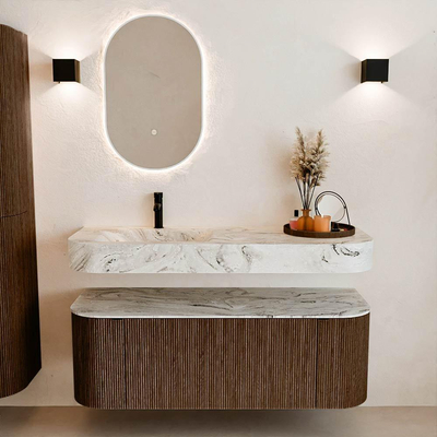 MONDIAZ THOR-DLUX 130cm badmeubel ronding links + rechts kleur Walnut met 1 lade en 2 deuren. Vrijhangende wastafel CLOUD Links 1 kraangat kleur Glace.