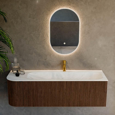 MONDIAZ KURVE-DLUX Meuble de salle de bains 145 cm avec module 25 L couleur Walnut avec 1 tiroir et 1 porte. Lavabo BIG LARGE à droite 1 trou de robinet couleur Opalo.