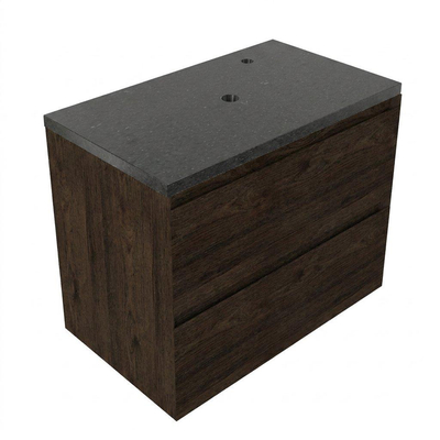 Saniclass Holz Pure Ensemble de meuble de salle de bains - 80x45x63cm - Plan vasque en basalte Noche poli (noir) - 1 trou de robinet - 2 tiroirs - chêne charcoal mat (bois)