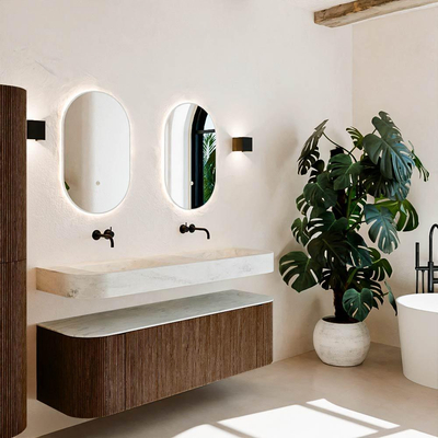 MONDIAZ THOR-DLUX 150cm meuble de salle de bains arrondi gauche + droite couleur Walnut avec 1 tiroir et 2 portes. Vasque suspendue CLOUD Double sans trou de robinet couleur Opalo.