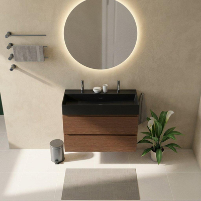 Saniclass Holz Pure Badkamermeubelset - 100x45x72cm - Legend keramische wastafel mat zwart - 1 wasbak - 2 kraangaten - 2 lades - mat walnut pure (hout)