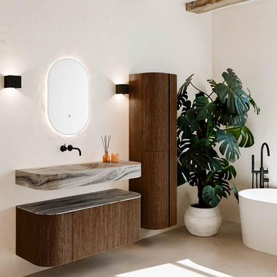 MONDIAZ THOR-DLUX 110cm badmeubel ronding links + rechts kleur Walnut met 1 lade en 2 deuren. Vrijhangende wastafel CLOUD Midden zonder kraangat kleur Sombra.