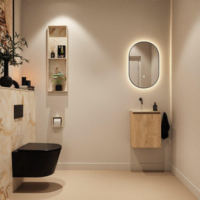 MONDIAZ TURE-DLUX Meuble toilette - 40cm - Washed Oak - EDEN - vasque Frappe - position gauche - sans trou de robinet