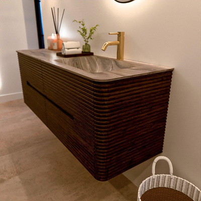 Mondiaz CIRO-DLUX Badkamermeubelset - 140x45x50cm - Solid surface wastafel Sombra - 1 wasbak Rechts - 1 kraangat - 4 lades - Walnut
