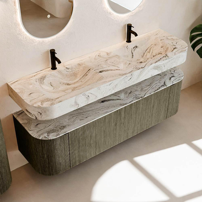 MONDIAZ THOR-DLUX 160cm meuble de salle de bains arrondi gauche + droite couleur Shadow avec 1 tiroir et 2 portes. Vasque suspendue CLOUD Double 2 trous de robinet couleur Glace.