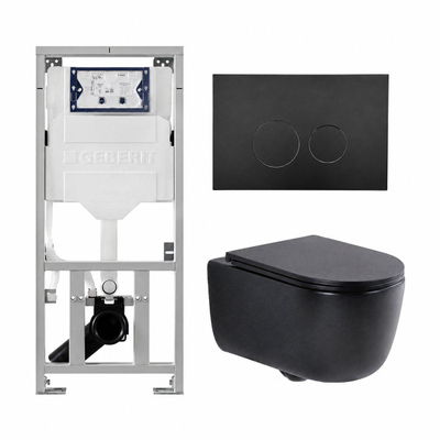 QeramiQ Dely Swirl Toiletset - 36.3x51.7cm - Geberit UP320 inbouwreservoir - met Burda frame - slim zitting - mat zwarte metalen bedieningsplaat - ronde knoppen - mat zwart