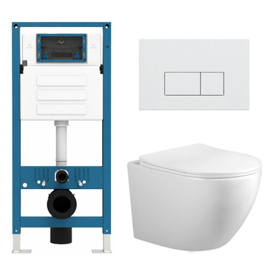 Adema Salina 2.0 Toiletset - 48.5x36x32cm - diepspoel - spoelrandloos - QeramiQ inbouwreservoir - softclose - quickrelease - toiletzitting - glans witte kunststof bedieningsplaat - rechthoekige knoppen - wit