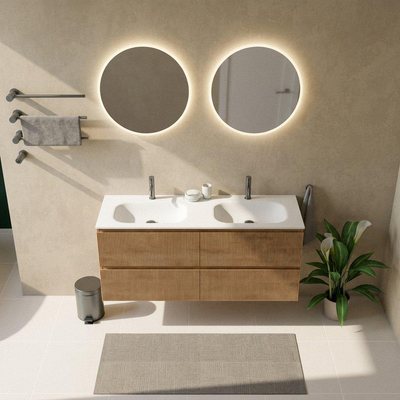 Saniclass Holz Atelier Ensemble de meubles de salle de bains - 140x45x61.5cm - lavabo Flow en solid surface blanc - 2 vasques - 2 trous de robinet - 4 tiroirs - chêne natural mat (bois)