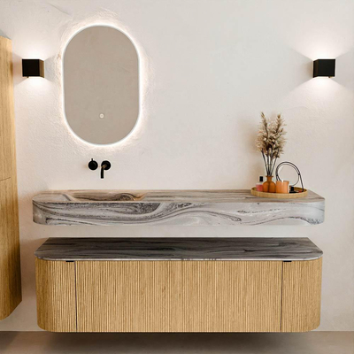 MONDIAZ THOR-DLUX 160cm badmeubel ronding links + rechts kleur Oak met 1 lade en 2 deuren. Vrijhangende wastafel CLOUD Links zonder kraangat kleur Sombra.