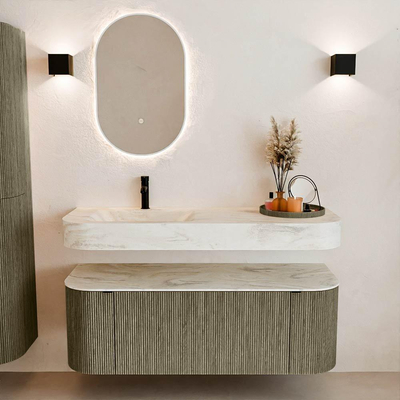 MONDIAZ THOR-DLUX 130cm meuble de salle de bains arrondi gauche + droite couleur Shadow avec 1 tiroir et 2 portes. Vasque suspendue CLOUD Gauche 1 trou de robinet couleur Ostra.