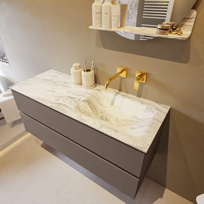 Mondiaz VICA-DLUX ensemble de meuble de salle de bain - 120cm - meuble sous-vasque fumée - 2 tiroirs - lavabo encastré nuage droite - sans trous de robinet - version haute 60cm - glace