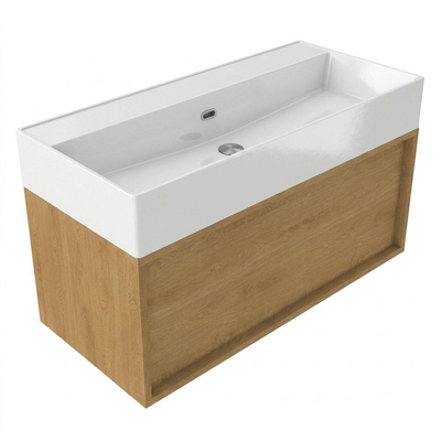 Saniclass Holz Frame Ensemble de meubles de salle de bains - 100x45x52cm - vasque Legend en céramique blanc - 1 vasque - sans trou de robinetterie - 1 tiroir - chêne natural mat (bois)