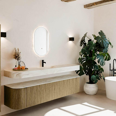 MONDIAZ THOR-DLUX 200cm meuble de salle de bains arrondi gauche + droite couleur Dusk avec 2 tiroirs et 2 portes. Vasque suspendue CLOUD Milieu 1 trou de robinet couleur Ostra.